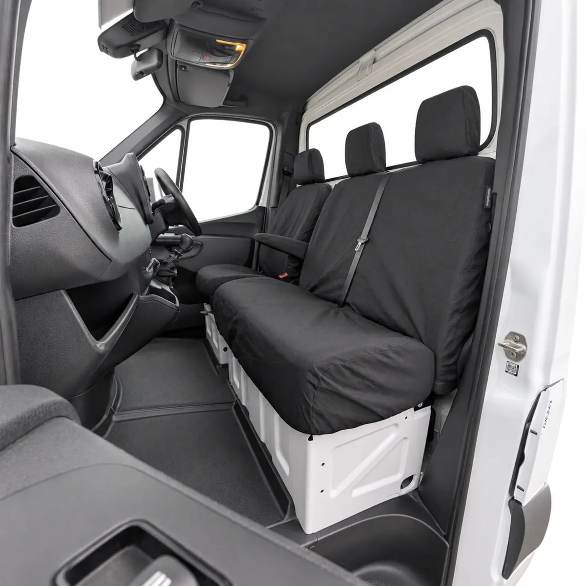 Mercedes Sprinter seat covers fitted on driver and double passenger seats