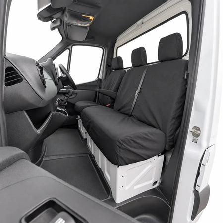 Mercedes Sprinter seat covers fitted on driver and double passenger seats