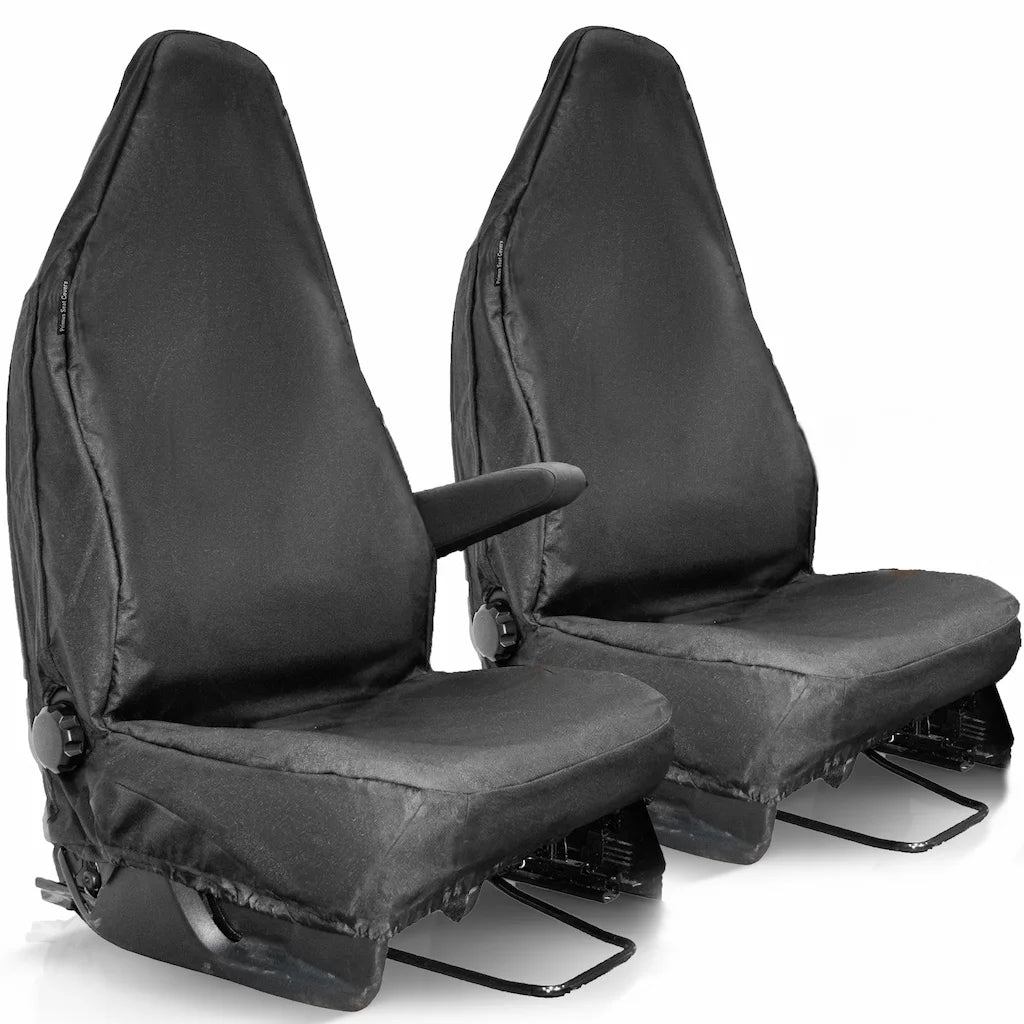 Pair of black car seat covers on a white background