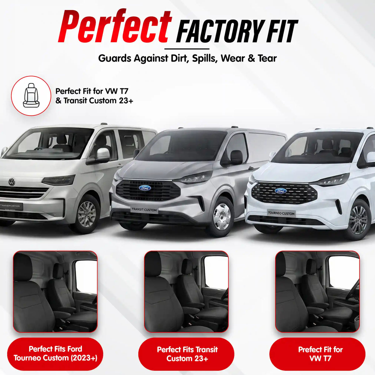 Ford Transit Custom and VW T7 vans with 'Perfect Factory Fit' text and graphics on a white background