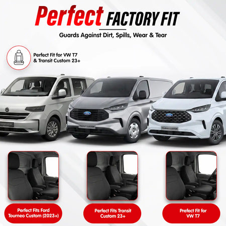 Ford Transit Custom and VW T7 vans with 'Perfect Factory Fit' text and graphics on a white background