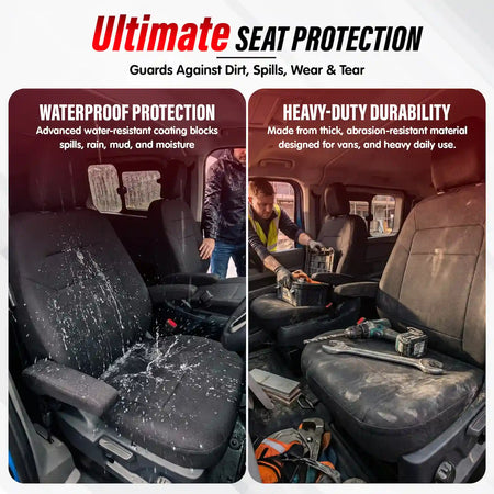 Van seat cover with waterproof and heavy-duty durability features, shown with water splashes and tools.
