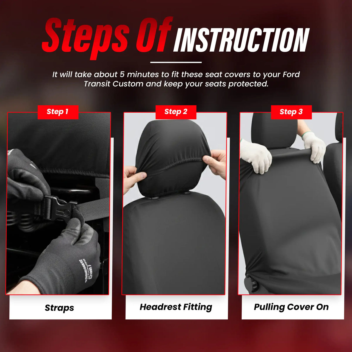 Step-by-step instructions for fitting car seat covers on a van