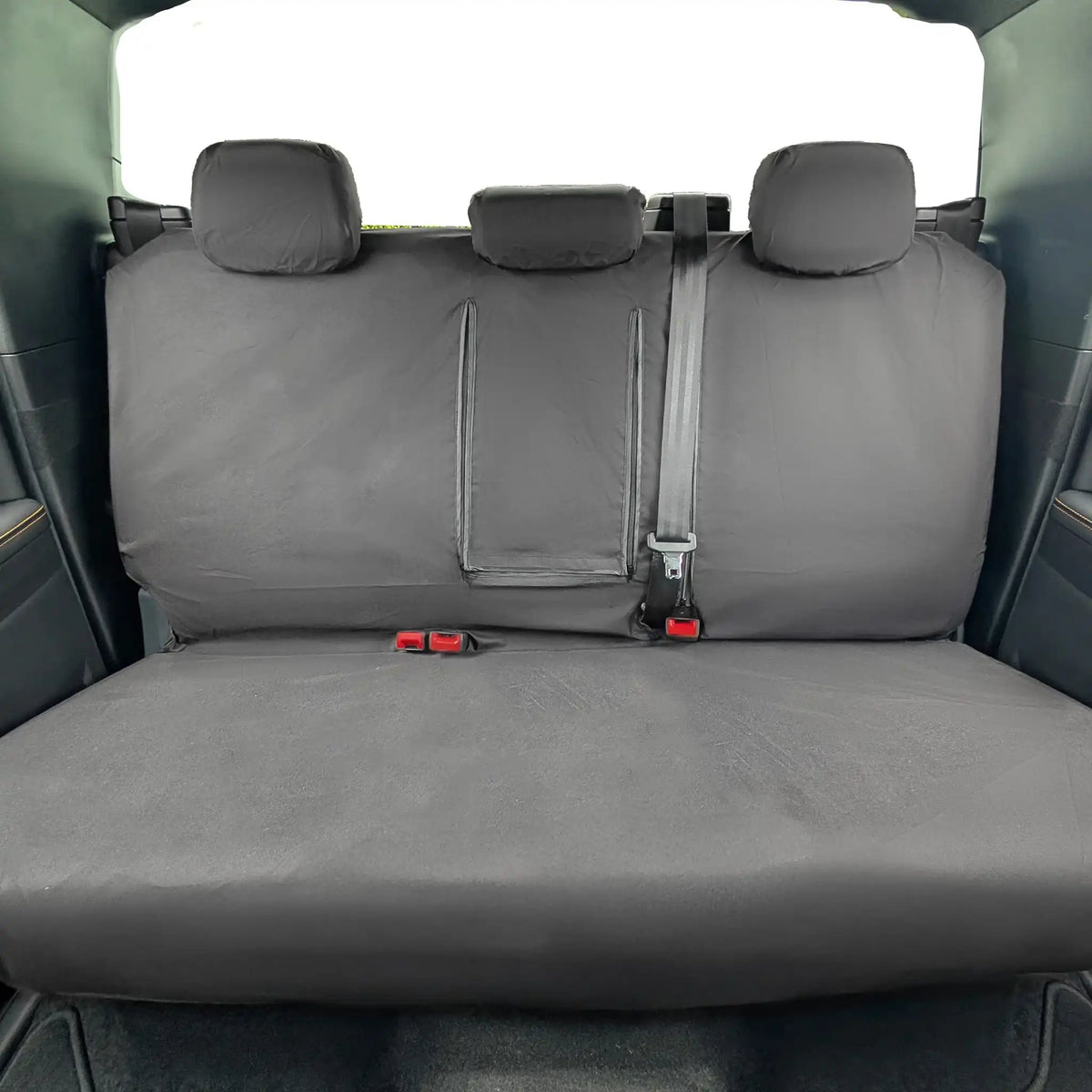 Black Ford Ranger waterproof car seat cover with a zipper on a vehicle's back seat.