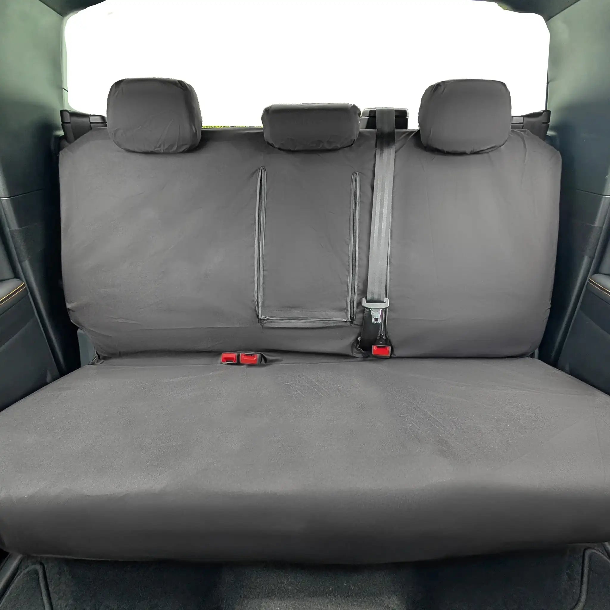 Black Ford Ranger waterproof car seat cover with a zipper on a vehicle's back seat.