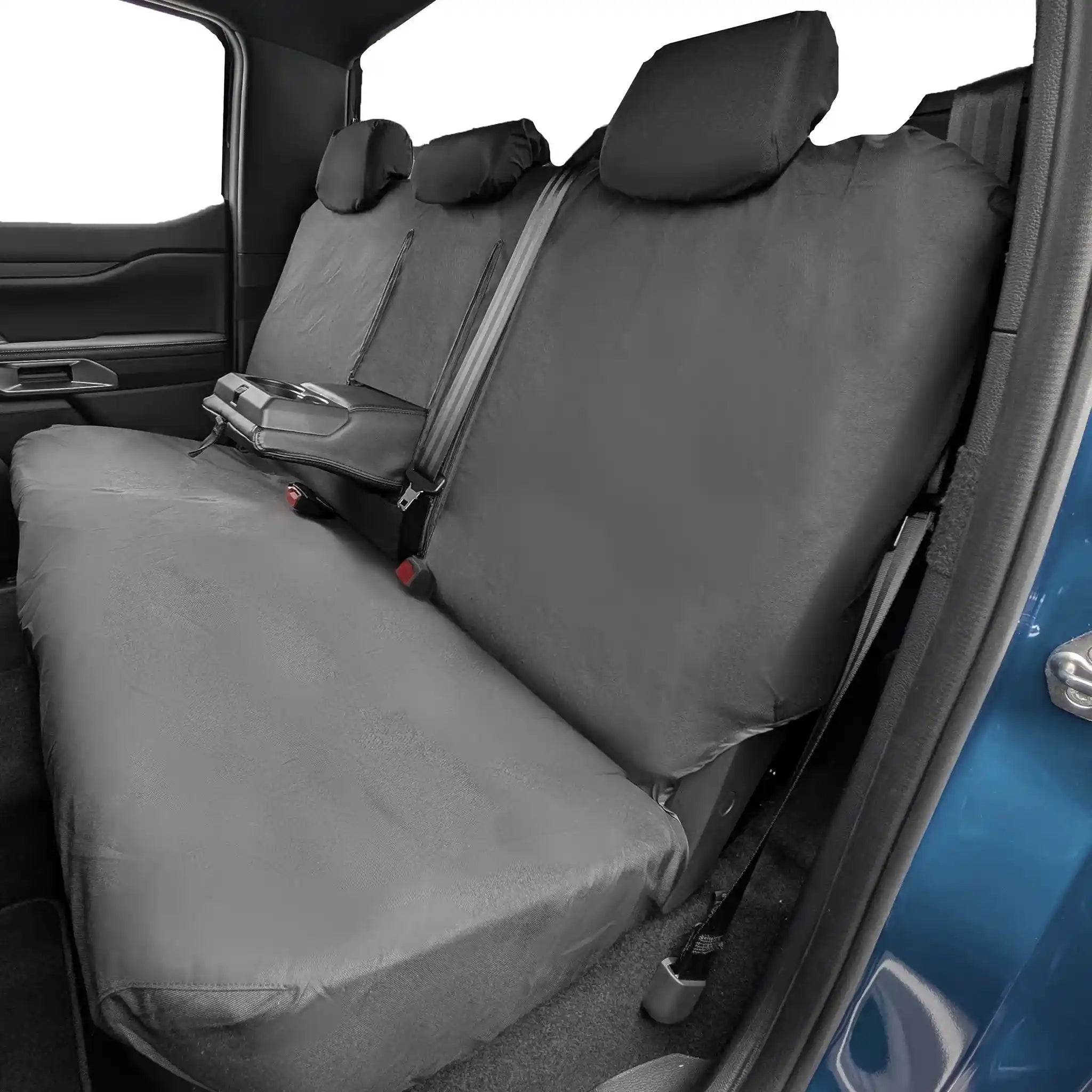 Black Ford Ranger waterproof car seat covers on a vehicle's back seat with a blue car exterior.