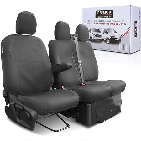 Black Ford Transit Custom 2023 Onwards seat covers with a Primus packaging box in the background