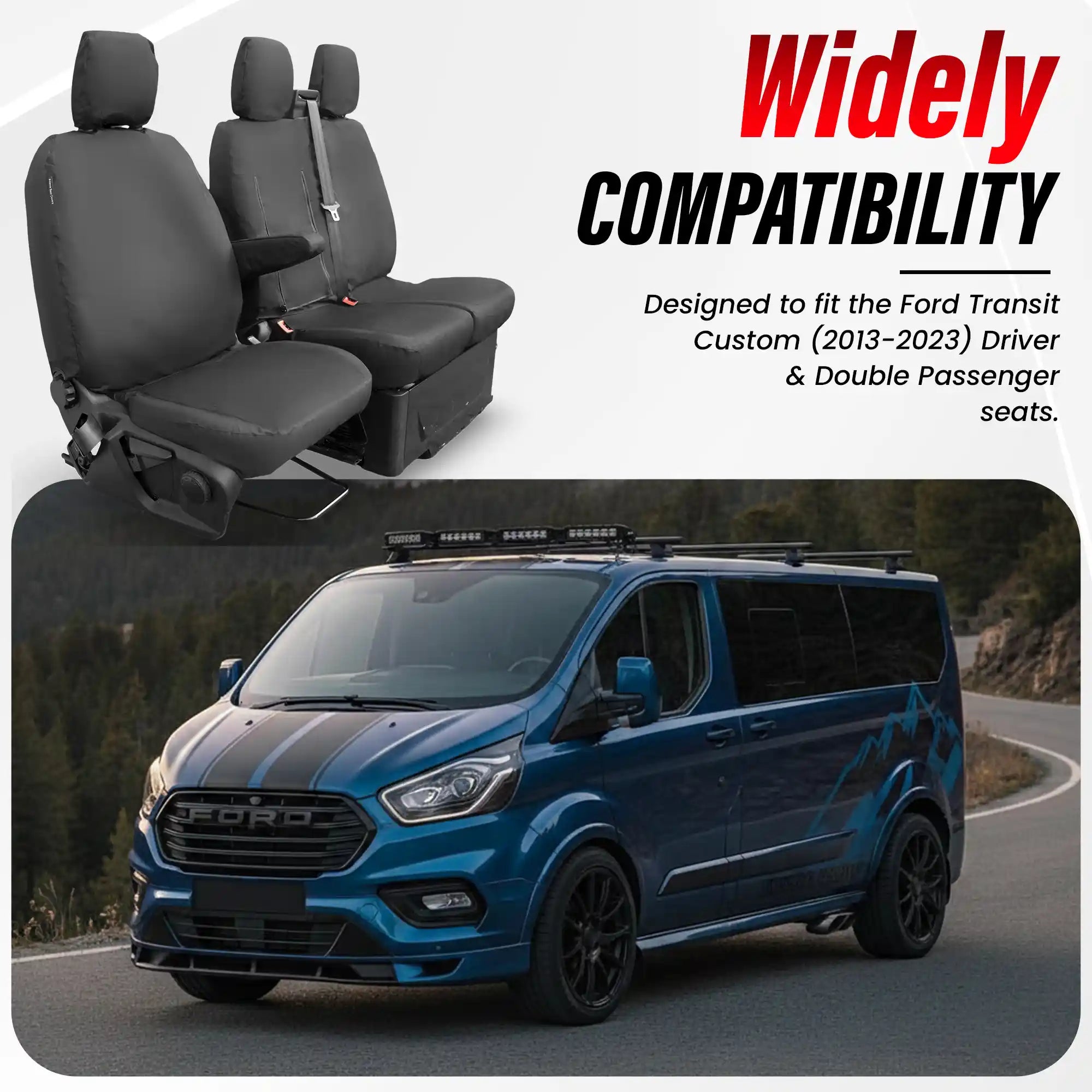 Ford Transit Custom seat covers with compatibility text and van on road background