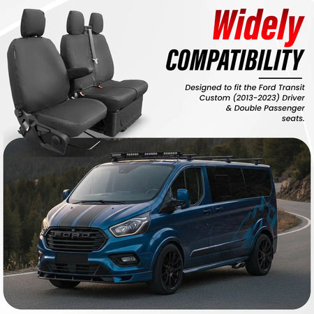 Ford Transit Custom seat covers with compatibility text and van on road background