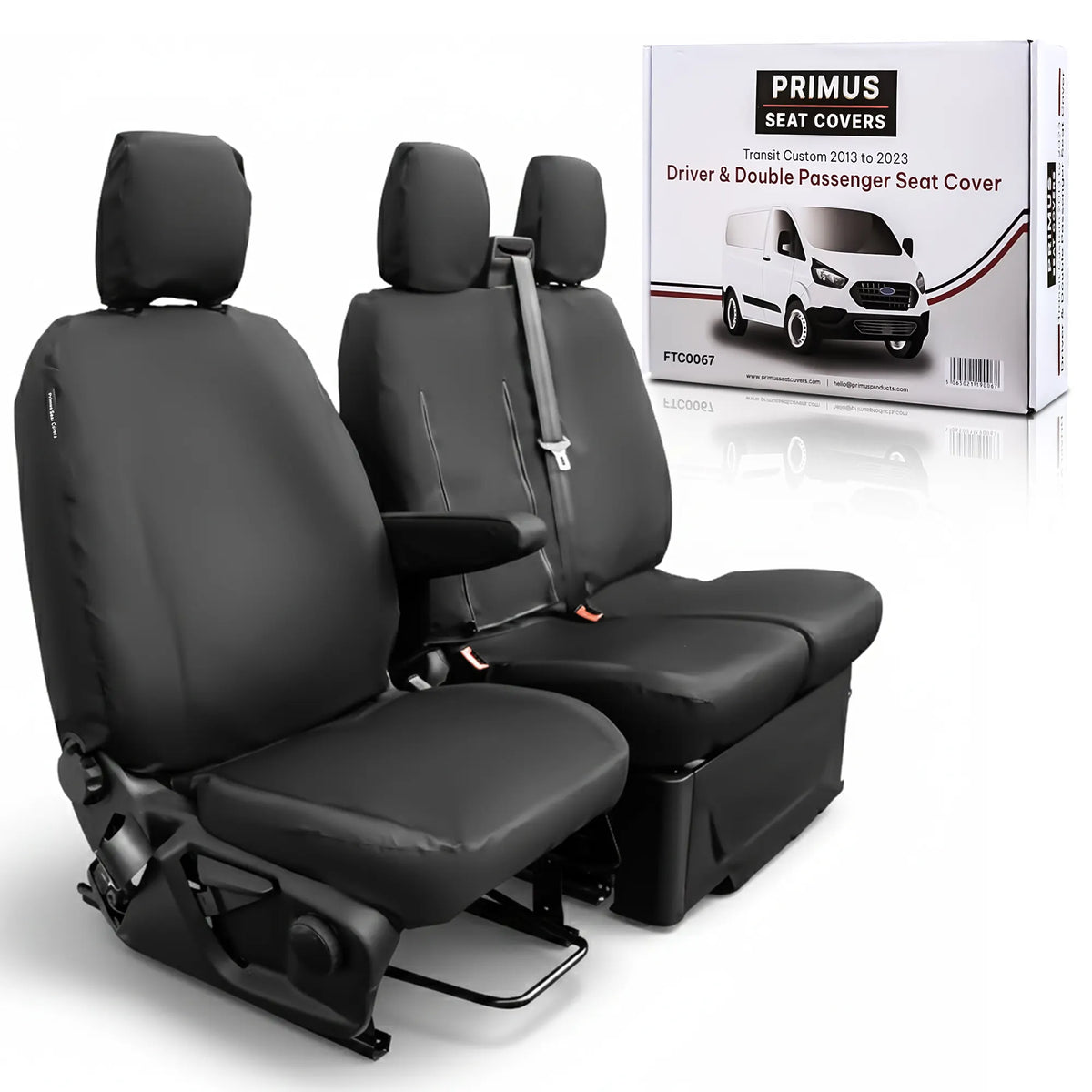 Black car seat covers with a Primus packaging box on a white background. Designed to fit the Ford Transit Custom 2013 to 2023 van