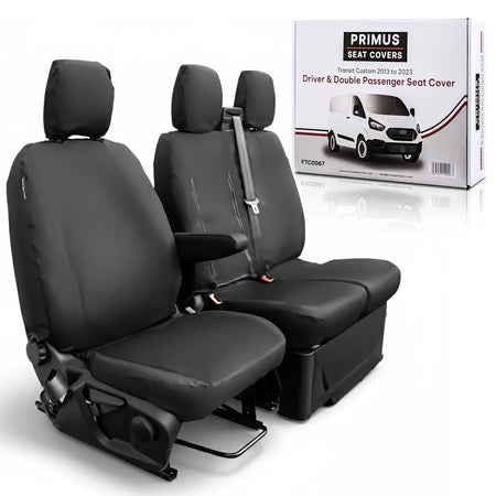 Black car seat covers with a Primus packaging box on a white background. Designed to fit the Ford Transit Custom 2013 to 2023 van