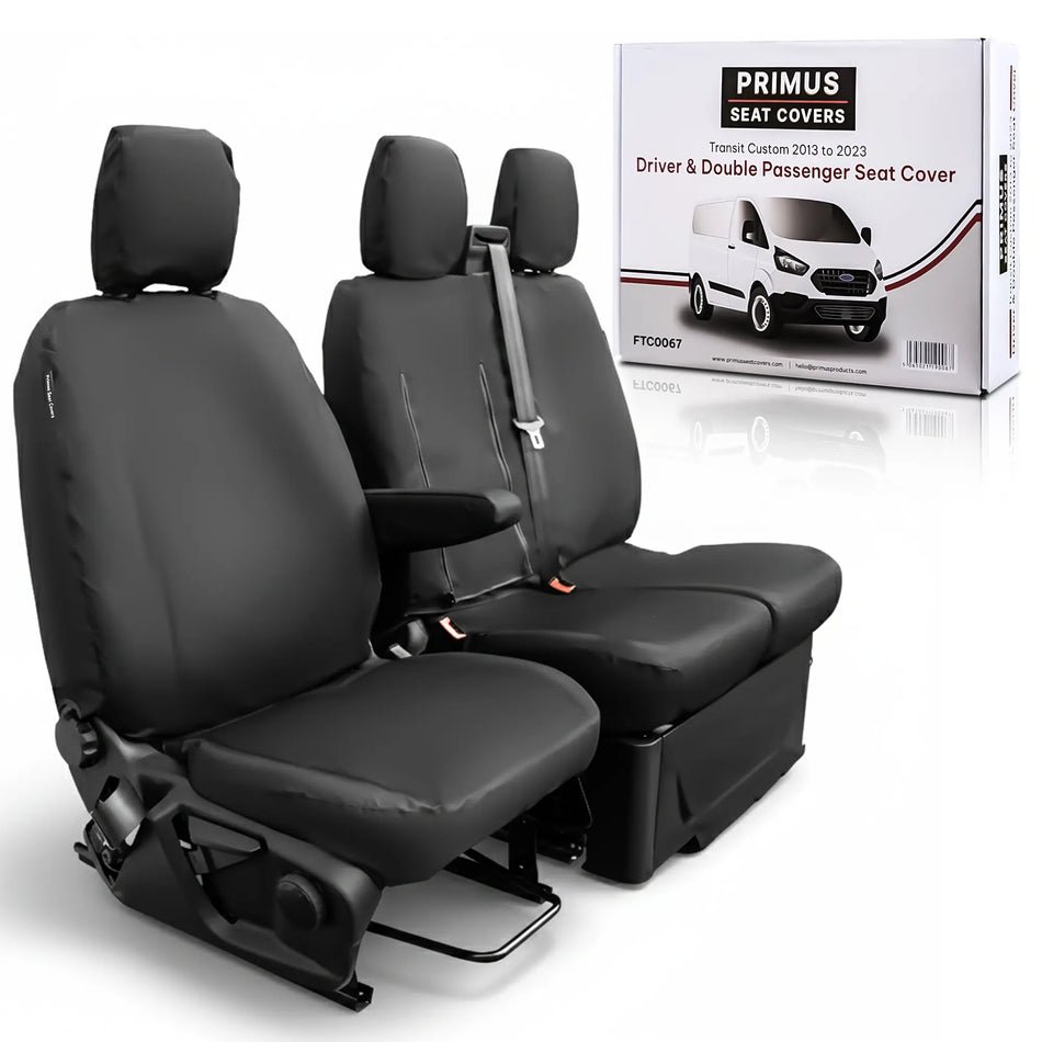 Black car seat covers with a Primus packaging box on a white background. Designed to fit the Ford Transit Custom 2013 to 2023 van
