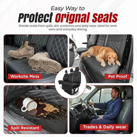 Ford Transit Custom leather seat protectors with images of shoes, dog, coffee spill, and person in a vehicle.