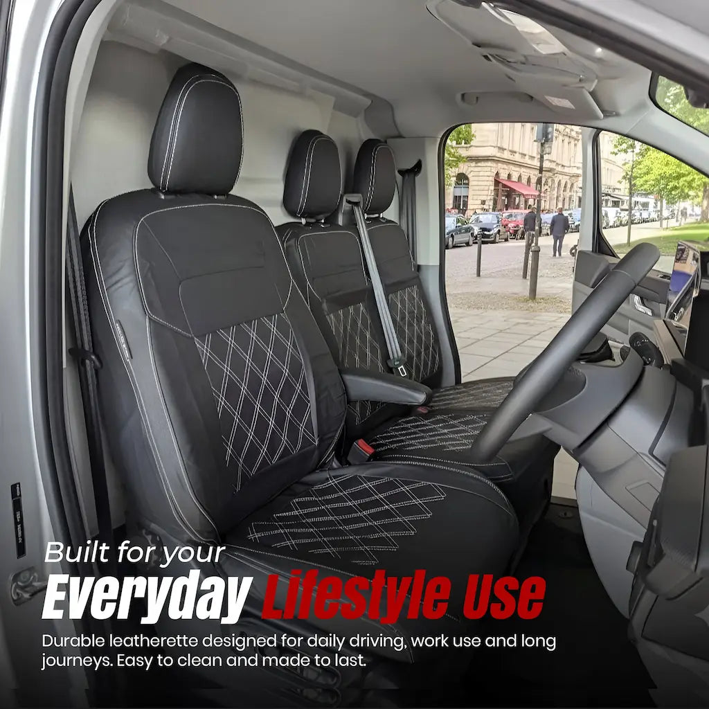 Ford Transit Custom interior with black leatherette seats and text about durability and everyday use.