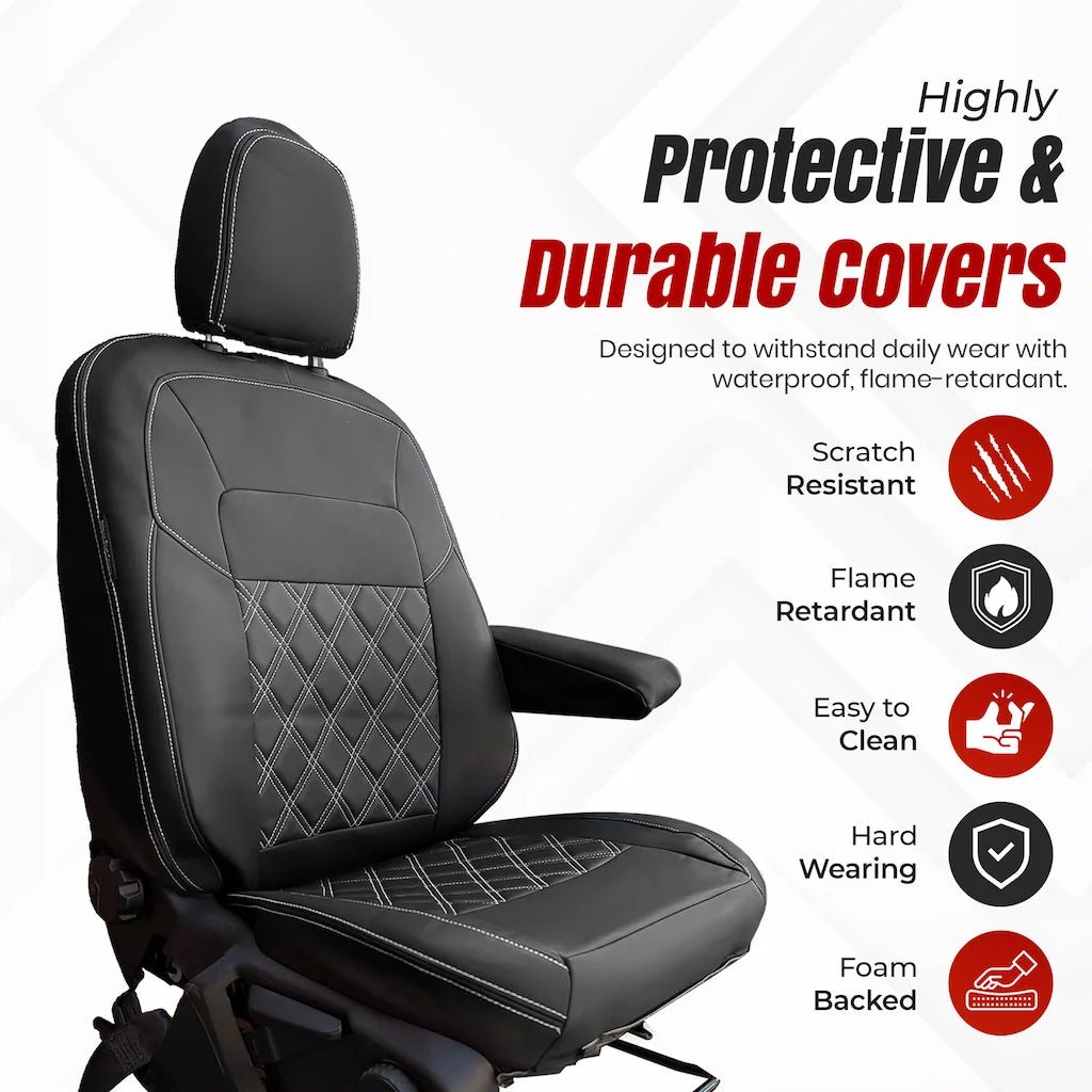 Black car seat cover with protective features highlighted on a white background
