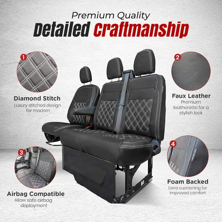 Ford Transit Custom seat cover with detailed craftsmanship features on a light grey background