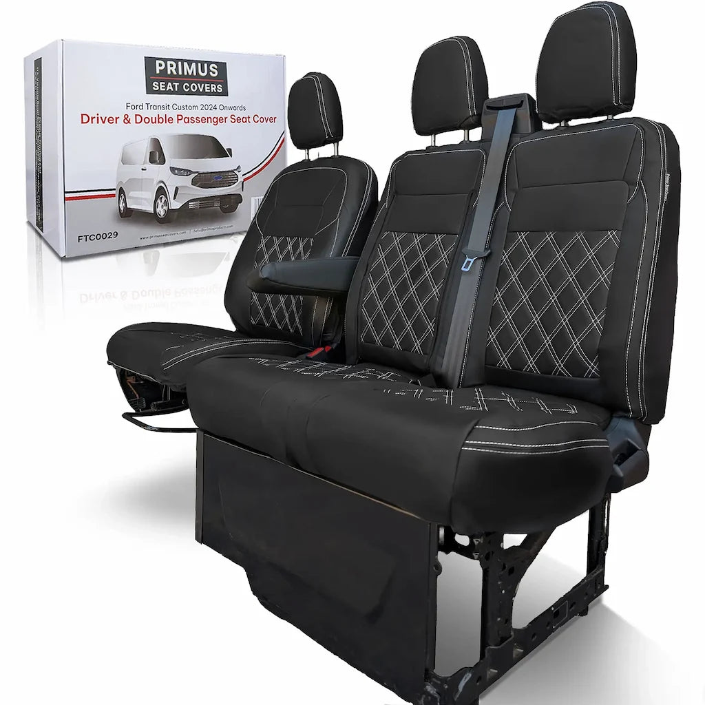 Black Ford Transit Custom seat covers with a Primus branded box in the background