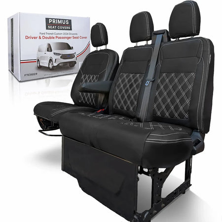 Black Ford Transit Custom seat covers with a Primus branded box in the background