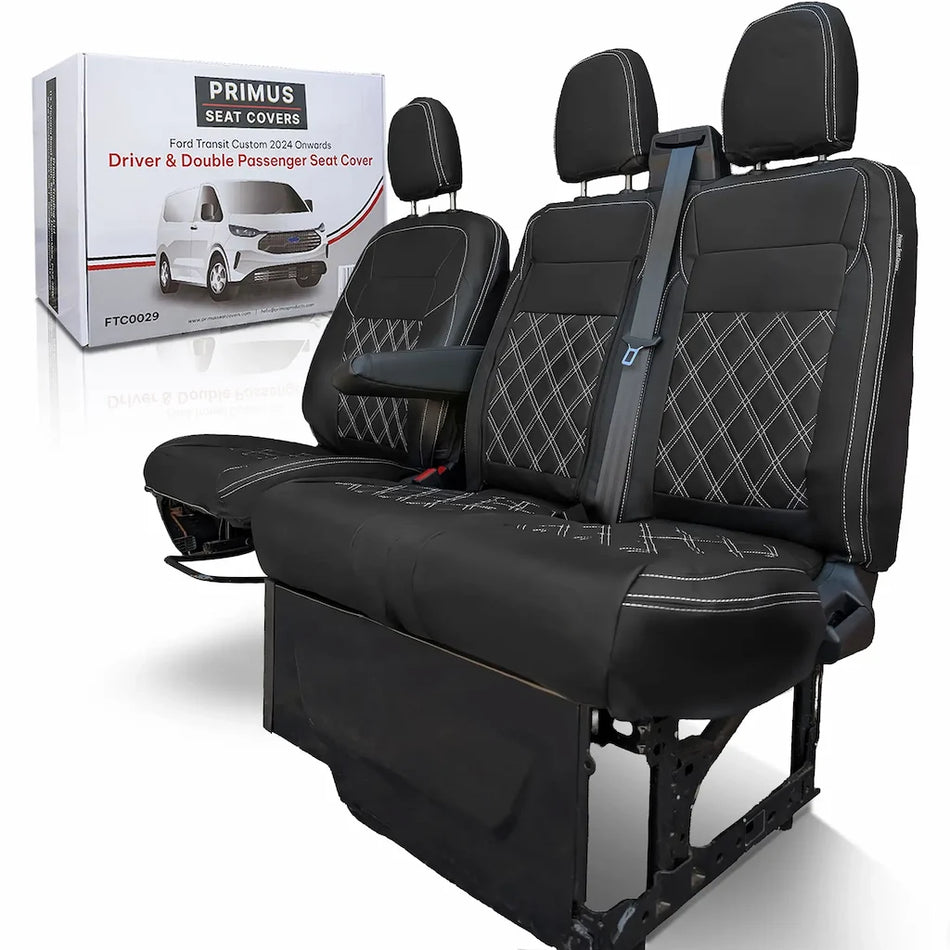 Black Ford Transit Custom seat covers with a Primus branded box in the background