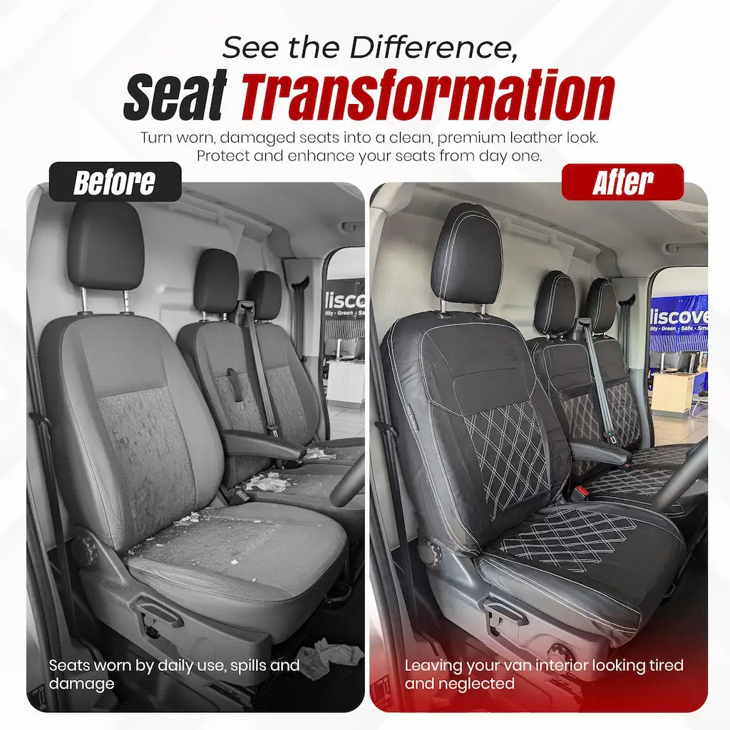 Before and after transformation of Ford Transit Custom van seats with text 'See the Difference, Seat Transformation'.
