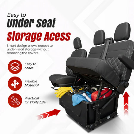 Ford Transit Custom seat with under-seat storage access feature, showing flexibility and ease of use.