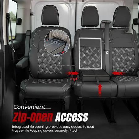 Ford Transit Custom interior with black seat covers and a focus on zip-open access feature.