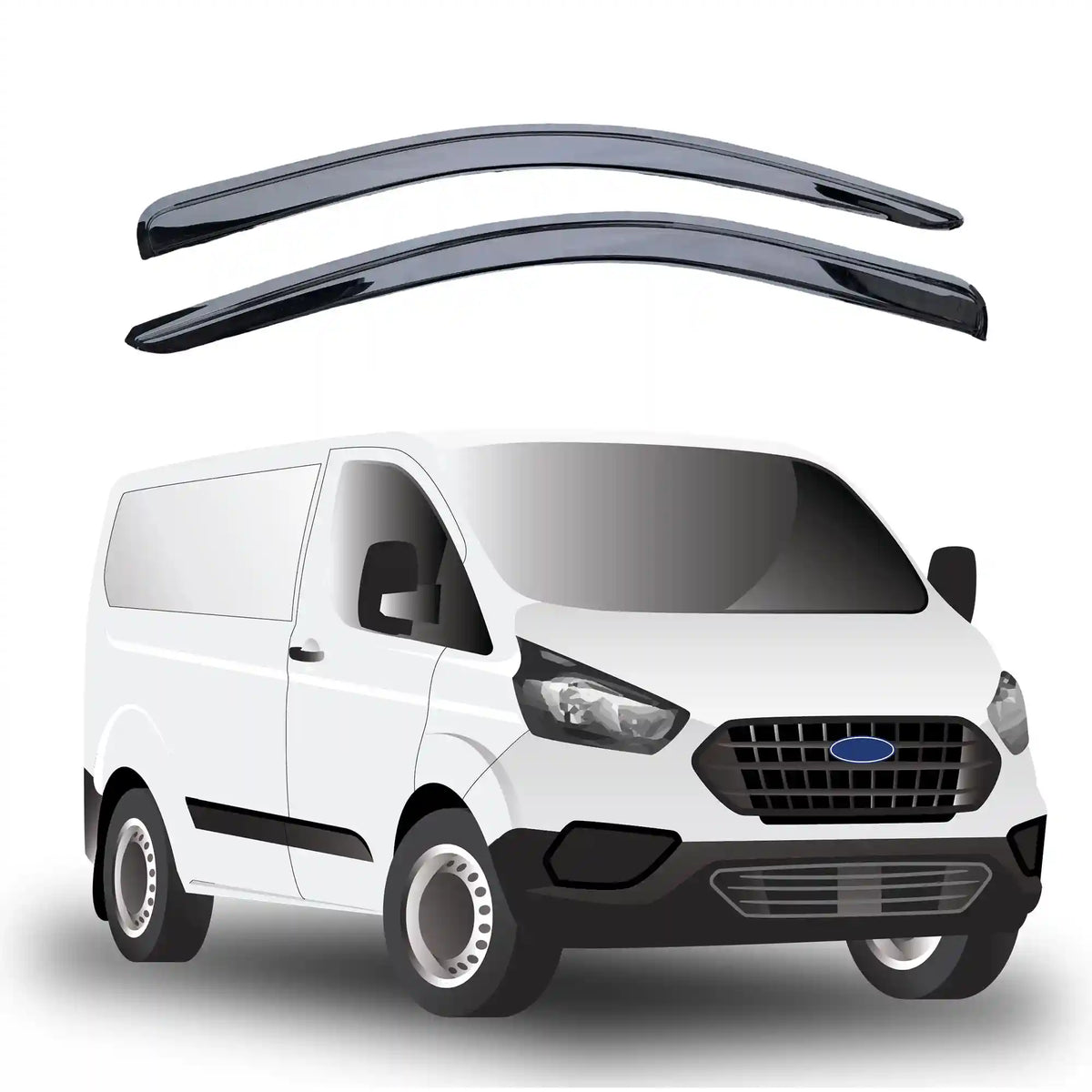 Two Ford Transit Custom wind deflectors on a white background with a white van model below.