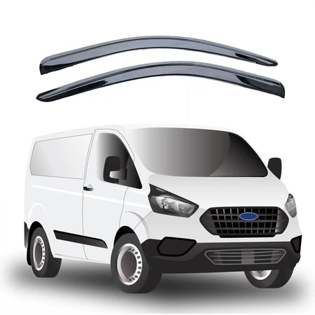 Two Ford Transit Custom wind deflectors on a white background with a white van model below.