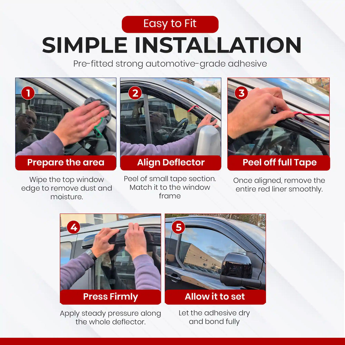 Step-by-step guide for installing a Ford Transit Custom window deflector with clear instructions.