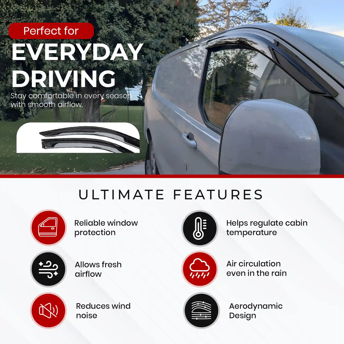 Ford Transit Custom window deflector with features listed on a white background