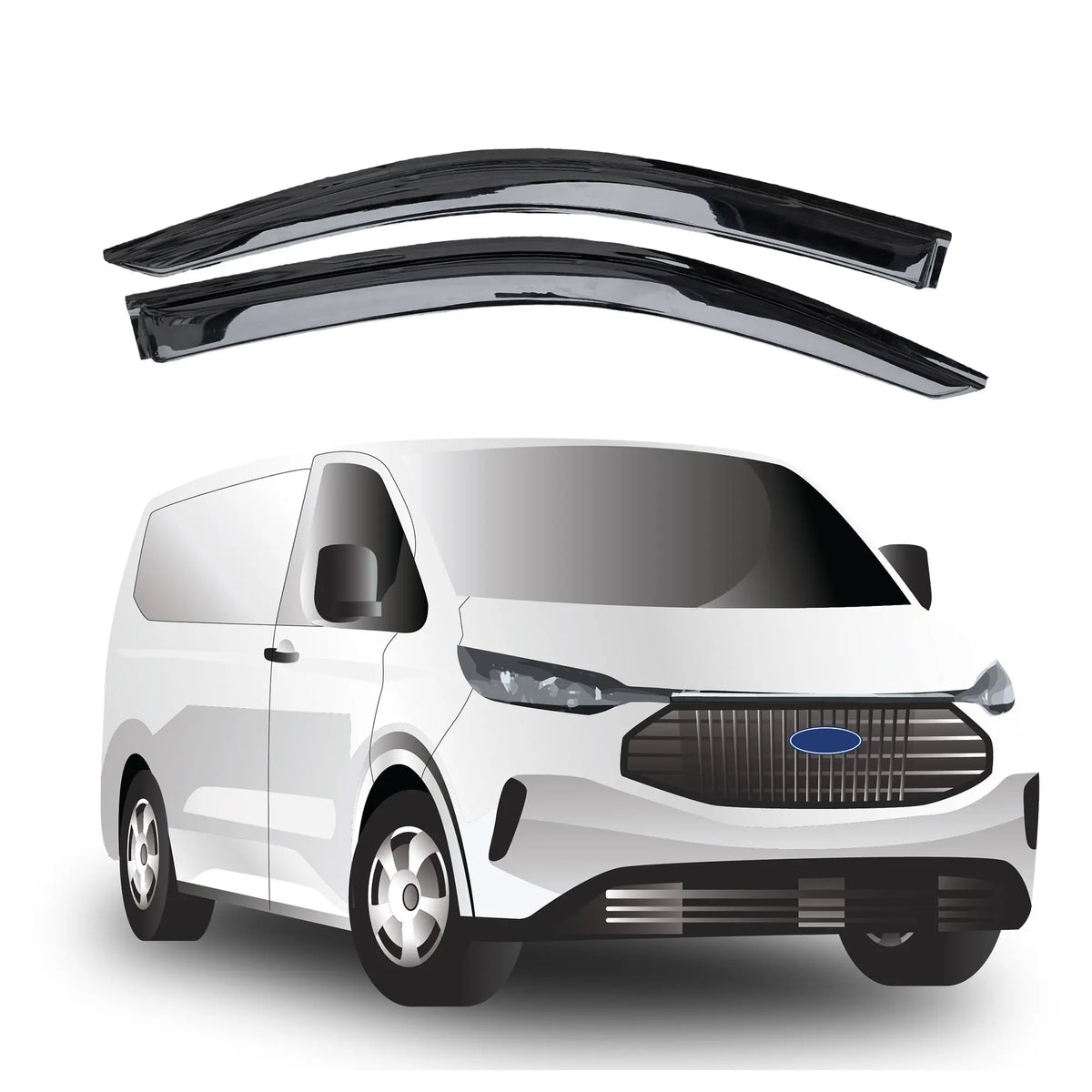 Two car window sunshades on a white background with a Ford Transit Custom van below.