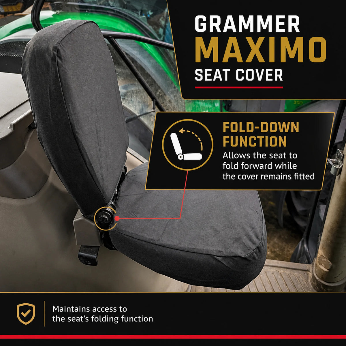 Black seat cover fitted over a vehicle seat, shown with promotional text and callouts for Grammer Maximo seat cover features including fold-down function.