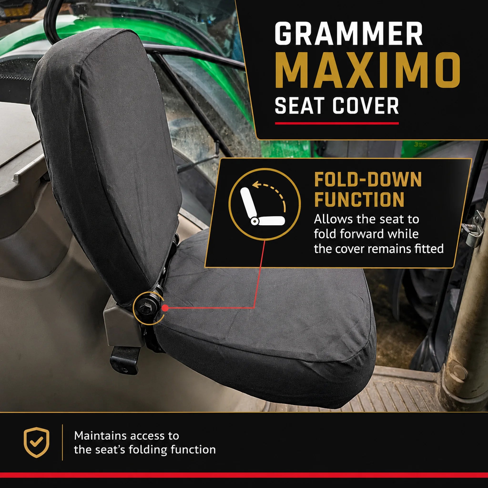 Black seat cover fitted over a vehicle seat, shown with promotional text and callouts for Grammer Maximo seat cover features including fold-down function.