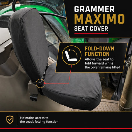 Black seat cover fitted over a vehicle seat, shown with promotional text and callouts for Grammer Maximo seat cover features including fold-down function.