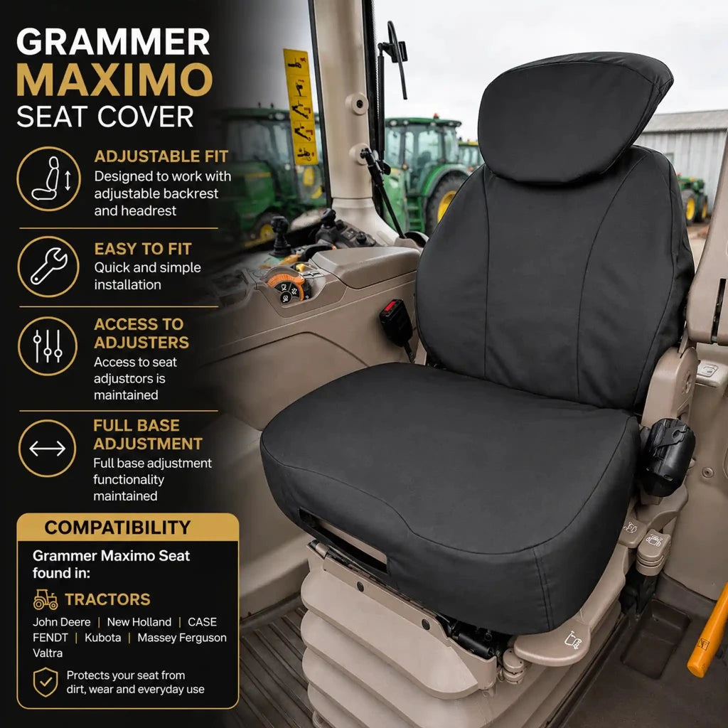 Black Grammer Maximo seat cover installed on a tractor cabin seat, shown with feature callouts and compatibility text on the left side.