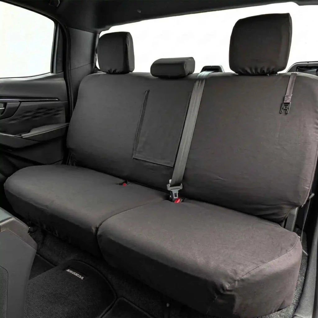 Rear seat cover set with fixed headrests, contoured seat pad, dark fabric