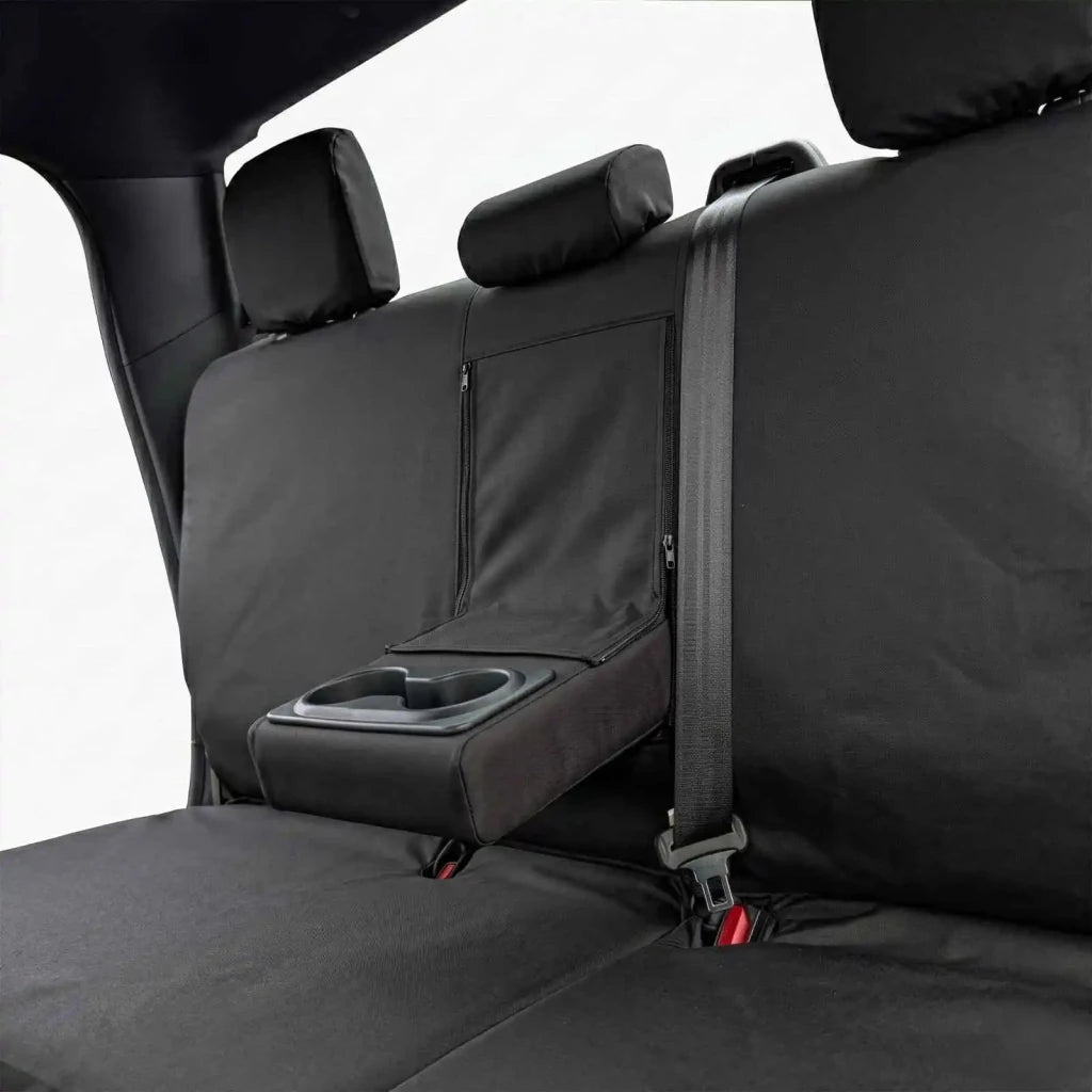 Rear seat cover with foldable back section, cup holder opening, dark fabric