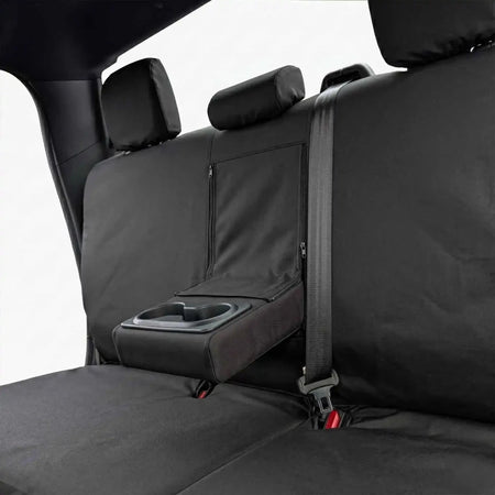 Rear seat cover with foldable back section, cup holder opening, dark fabric