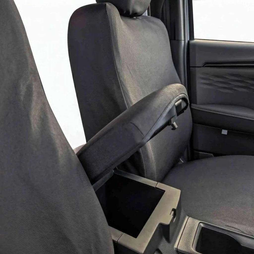 Seat cover with center armrest cutout and side strap, dark fabric, contoured seat