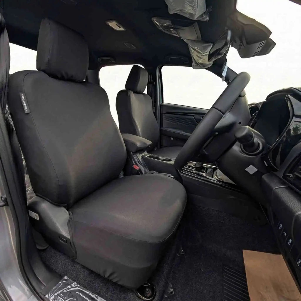 Front seat cover with padded headrest and seat cushion, dark fabric, side seams