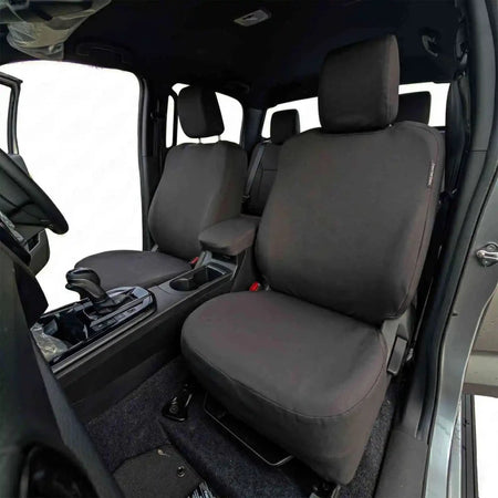Front pair of seat covers with headrests and contoured seat cushions, dark fabric