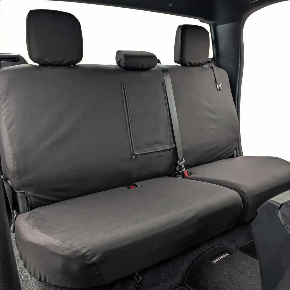 Rear bench seat cover set with headrest covers, dark fabric, stitched panels