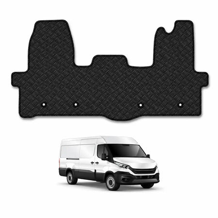 Black rubber floor mat for van, ribbed pattern with raised channels and hole grommets