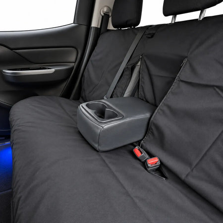Black rear seat cover set with center armrest cupholder pocket and seatbelt openings
