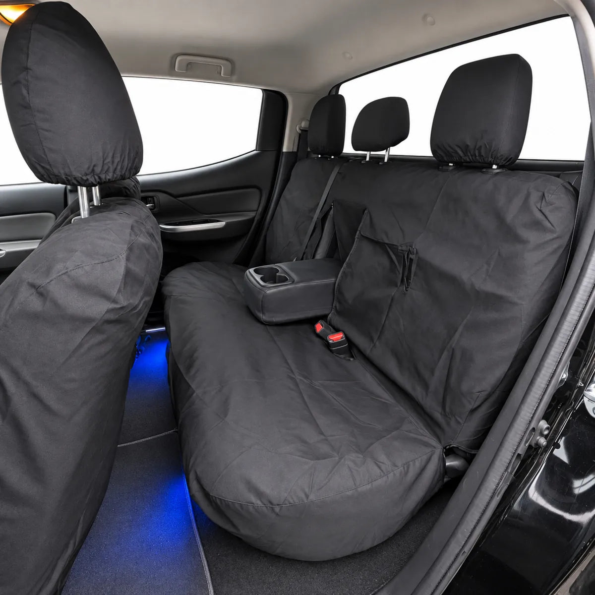 Black double-cab rear seat cover set with fitted seat, backrest, and armrest pocket