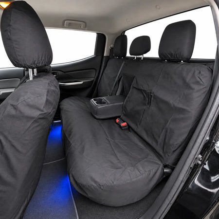 Black rear bench seat cover set with stitched side panels and headrest covers