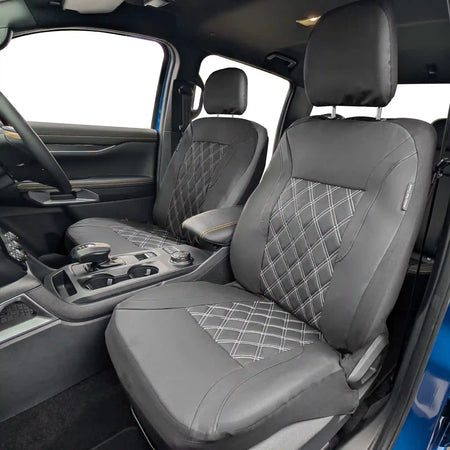 Car interior with Black diamond quilted leather seat covers