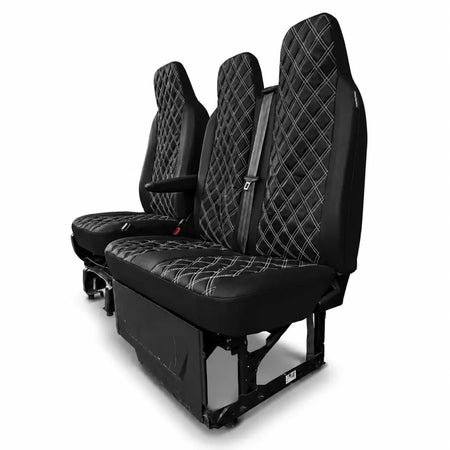 Black leatherette van seat covers for driver and double passenger, diamond-quilted front seats