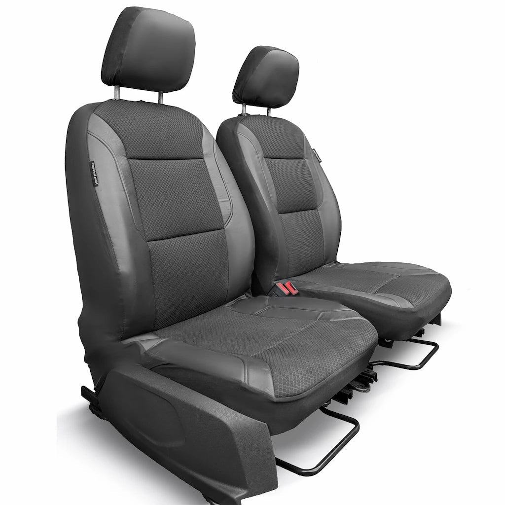 Black leatherette car seat covers on a white background