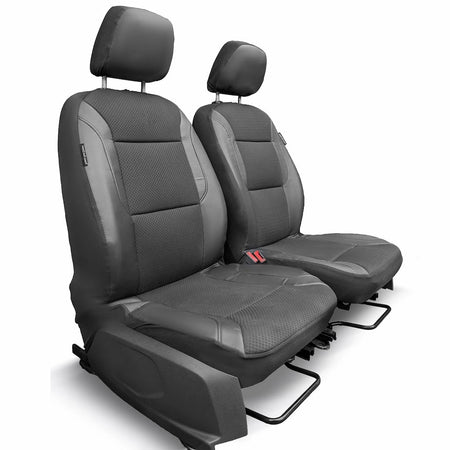 Black leatherette car seat covers on a white background